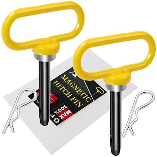 2 Packs Magnetic Hitch Pin, Lawn Mower Trailer Hitch Pins 1/2 Inch with Handle and Clip, Trailer Gate Pin for Mowers, Tractor Truck, Towing Cargo, ATV - Simple One Handed Hook On & Off（Yellow - color: YELLOW-2pc