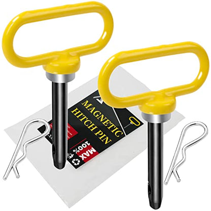 2 Packs Magnetic Hitch Pin, Lawn Mower Trailer Hitch Pins 1/2 Inch with Handle and Clip, Trailer Gate Pin for Mowers, Tractor Truck, Towing Cargo, ATV - Simple One Handed Hook On & Off（Yellow - color: YELLOW-2pc