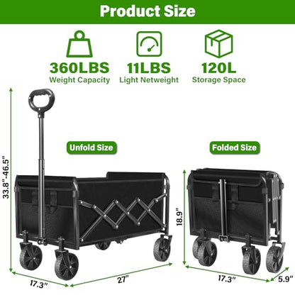 Collapsible Wagon Cart, Folding Cart with 360LBS Capacity, Black - color: Black
