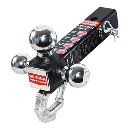 Trailer Hitch Tri-Ball Hitch with Hook, Tactical Tow Ball Hitch, Fits 2-inch Hitch Receiver, Chrome Triple Balls with Hitch Pin and Clip - color: Chrome, size: Ball with pin