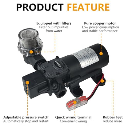 DC 12V Diaphragm Pump, Self-Priming Pump with Filter Quick Connection Terminal, 1.2 GPM 100 PSI Pressure Switch Adjustable Spray Pump, Suitable for RV Camping Shower Garden
