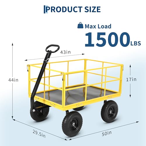 Heavy Duty 1500 lbs Steel Garden Cart, 3-in-1 Outdoor Utility Wagon with Removable Mesh Sides, 13" All-Terrain Wheels, 180° Rotating Handle for Lawn, Backyard, Farm & Gardening - color: Yellow