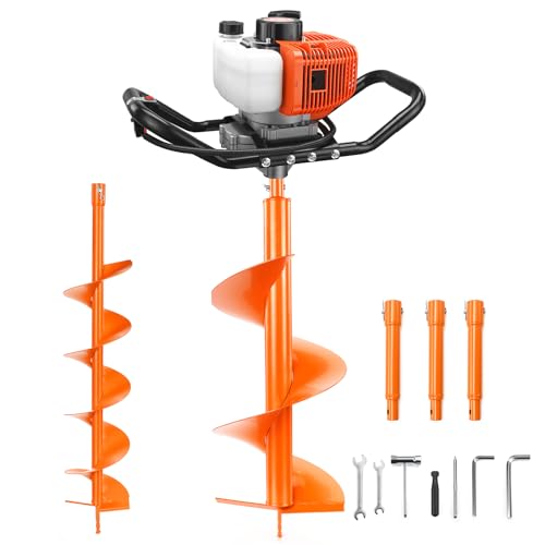 NEO-TEC 63CC Post Hole Digger Gas Powered, 2-Stroke Earth Auger with 6" & 10" Auger Bits + 3 Extension Bars, Heavy Duty Ice Auger & Fence Post Hole Digger for Soil, Clay & Frozen Ground - size: 63CC+6"+10"+3 Extension