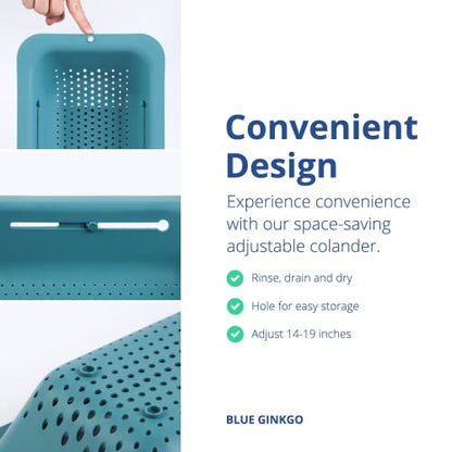 BLUE GINKGO Over the Sink Colander Strainer Basket - Wash Vegetables and Fruits, Drain Cooked Pasta and Dry Dishes - Extendable - New Home Kitchen Essentials (7.9 W x 14.5-19.5 L x 2.75 H) - Teal - color: Green, size: 1 Pack
