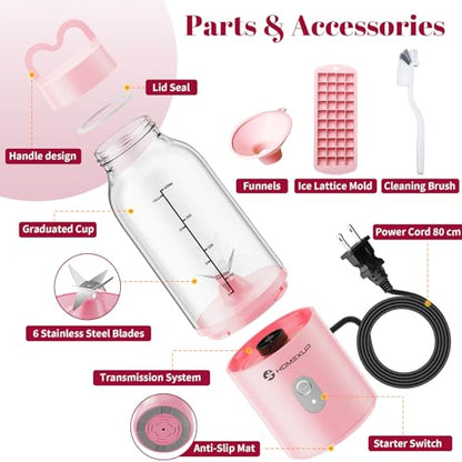 HOMEXUP Portable Personal Blender 17oz, 175W Smoothie Maker, Pink - color: Pink