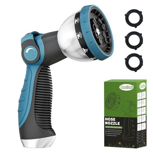 Besiter Garden Hose Nozzle, Hose Sprayer Nozzle with 10 Spray Patterns, Thumb Control On Off Valve, High Pressure Metal Water Hose Nozzle for Car Wash, Plants, Pets & Outdoor Cleaning, Blue - color: Blue