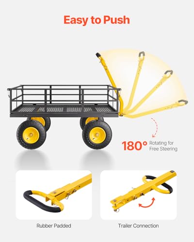 VEVOR 1200 Lbs Steel Garden Cart, Heavy Duty Pullable Garden Wagon Yard Cart, 2 in 1 Outdoor Metal Utility Wagon Yard Trailer with 13" All Terrain Tires, Mesh Removable Sides and 180°Rotating Handle - color: Black+yellow