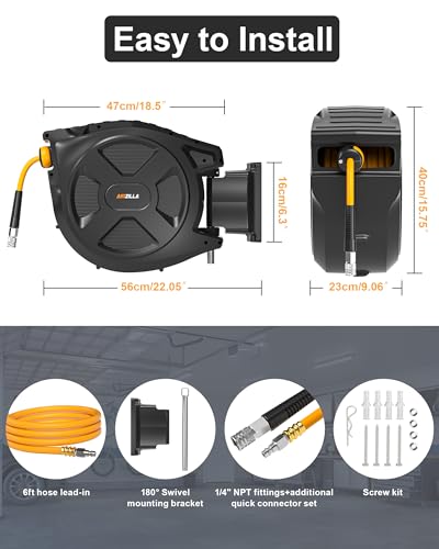 Retractable Air Hose Reel, 3/8" x 65Ft Flex Hybrid Air Hose Max 300PSI Kink-resistant Air Compressor Hose Reel Auto Rewind with 6Ft Lead in, Quick Connect, 180° Swivel Mounting Kit. - size: 65FT