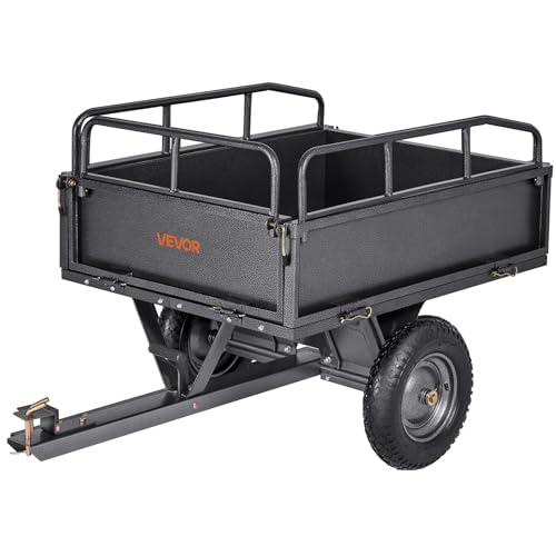 VEVOR 10 Cu.Ft. & 500lbs ATV Trailer Dump Cart Tow Behind, Heavy Duty Utility UTV Trailer, Tow Behind Steel Yard Dump Wagon Cart with 14" Tires for Lawn Mower Tractor - color: Black