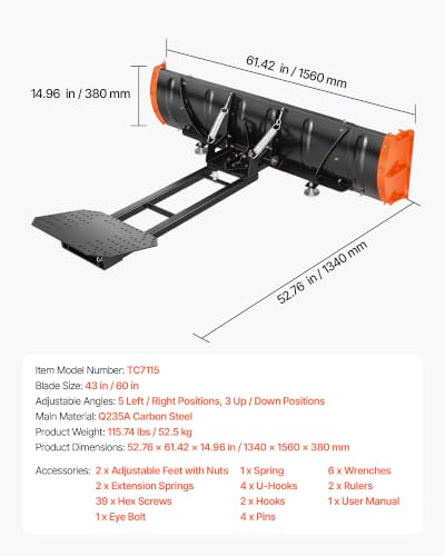VEVOR Snow Plow Kit 43 in/60 in Width Adjustable Plow Attachment Side Wings - size: 43in-60in Adjustable, with Side Wings