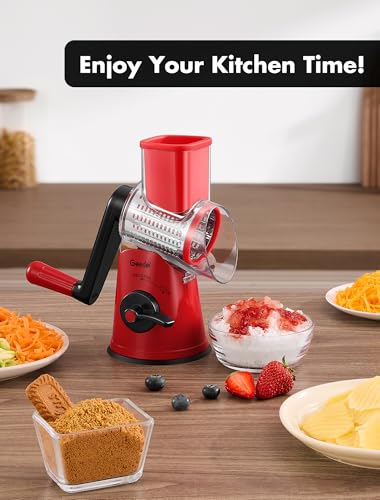 Geedel Upgraded Rotary Cheese Grater, 5 in 1 Cheese Shredder Veggie Slicer - color: Red