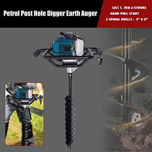 52CC 2.3HP 2-Stroke Gas Power Earth Auger Post Hole Digger with 4" and 8" Spiral Drill Bits and 12inch Extension Bar,Heavy Duty Earth Auger Air-Cooled Engine,For Into Ground, Fences, and Shrubs