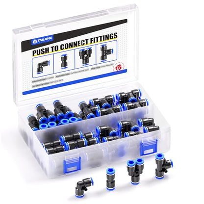 TAILONZ 1/8" Push to Connect Fitting Splitters+Elbows+Tees+Straight 40pcs - color: Blue, size: 1/8"OD/40PCS