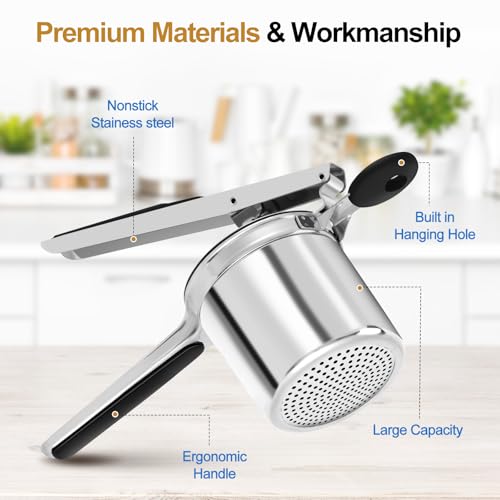 AHFLRITO Potato ricer, Heavy Duty Ricer for Mashed Potatoes, Large Potato Masher Stainless Steel with Ergonomic Handle, Efficiently for Fluffy Mashed Potatoes