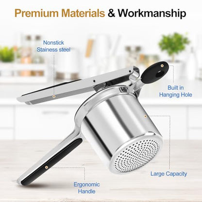 AHFLRITO Potato ricer, Heavy Duty Ricer for Mashed Potatoes, Large Potato Masher Stainless Steel with Ergonomic Handle, Efficiently for Fluffy Mashed Potatoes