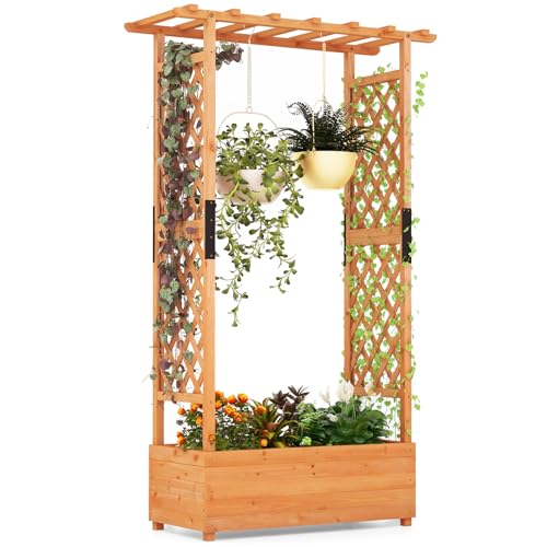 S AFSTAR 72-Inch Raised Garden Bed with Arch Trellis, Hanging Roof & Drainage Holes, Vertical Plant Container for Vine Climbing Plant Flower, Indoor Outdoor Wood Elevated Planter Box for Garden Patio - size: 43.5"L x 17.5"W x 72"H