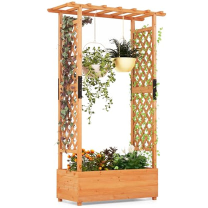S AFSTAR 72-Inch Raised Garden Bed with Arch Trellis, Hanging Roof & Drainage Holes, Vertical Plant Container for Vine Climbing Plant Flower, Indoor Outdoor Wood Elevated Planter Box for Garden Patio - size: 43.5"L x 17.5"W x 72"H