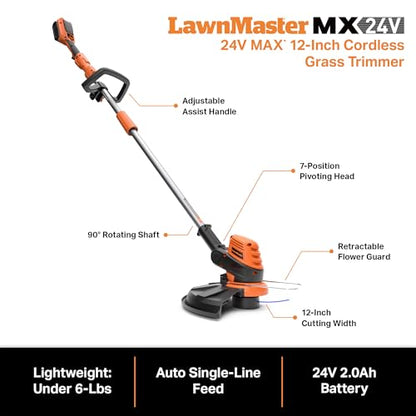 LawnMaster CLGT2412S 24V 12" Cordless String Trimmer 2.0AH Battery & Charger Included - style: Cordless