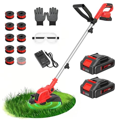 21V Cordless String Trimmer & Edger with 2.5Ah Battery &Fast Charger - color: Crimson