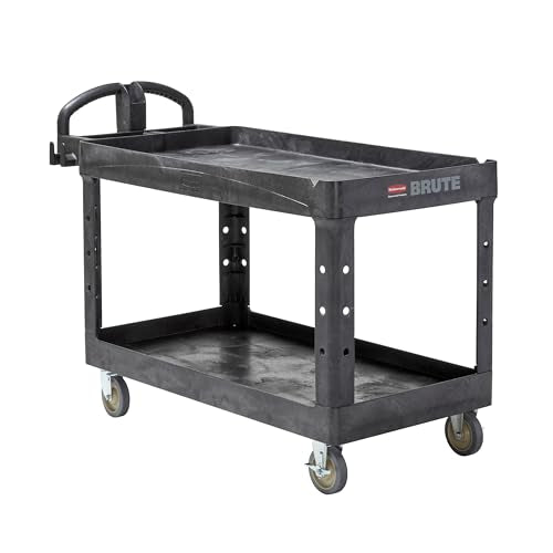 Rubbermaid Commercial Products BRUTE Heavy Duty 2-Shelf Utility/Service Cart, Medium, Lipped Shelves, Ergonomic Handle, 750 lb Capacity, Black, for Warehouse/Garage/Cleaning/Office - color: Black, size: Large, style: 2-Shelf