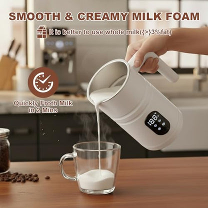 4 in 1 Electric Milk Frother Automatic Hot & Cold Foam Maker Auto Shut-Off Durable Stainless Steel Milk Frother Silent Working Easy to Clean for Hot Chocolate (White-With Digital Display) - color: White-A