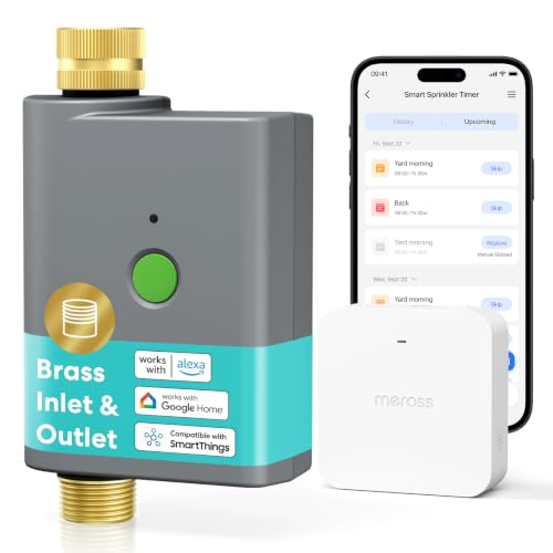 meross WiFi Water Timer for Garden Hose, Brass Inlet & Outet, Rain Skip - color: Gray, size: Timer with Hub