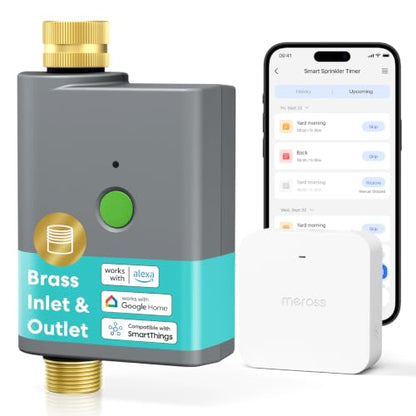 meross WiFi Water Timer for Garden Hose, Brass Inlet & Outet, Rain Skip - color: Gray, size: Timer with Hub