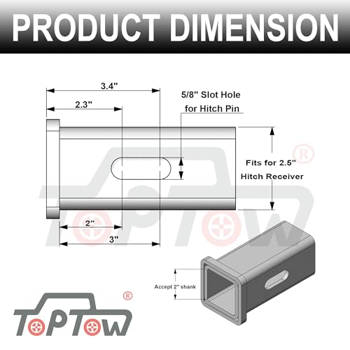 TOPTOW Trailer Hitch Adapter 2-1/2" to 2" Hitch Reducer, Slot Pin Hole | Carbon Steel, Upgraded Hitch Sleeve, 5/8 inch Pin & Clip Included