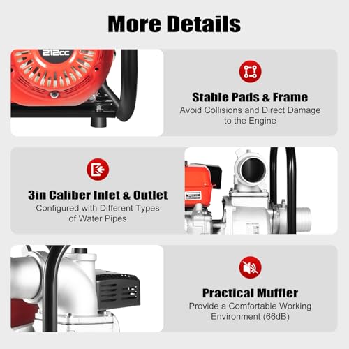 3 Inch Gasoline Engine Water Pump 7.5HP, 4-Stroke Gas Powered Water Pump with Water Pipe, 98.43ft Total Head, 26.25ft Suction, Trash pump for Farm Irrigation, Drainage (3 - Inches)