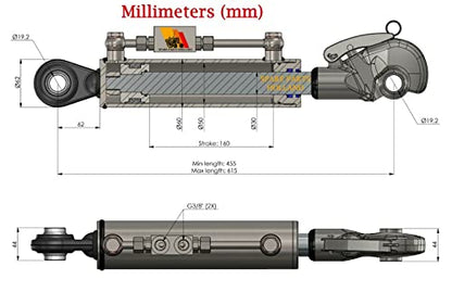 Hydraulic Top Link Cat. 1 + 1 Catch Hook 17 15/16" - 24 7/32" Locking Block Hoses Stroke 6 5/16"