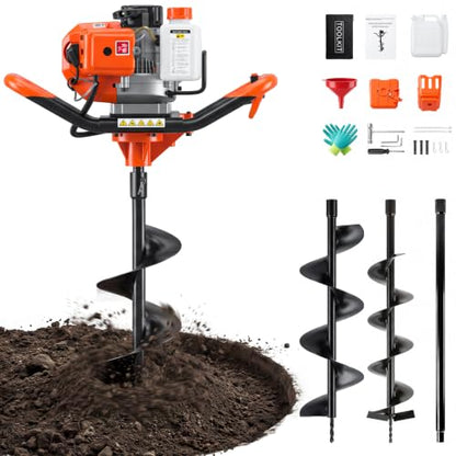 2026 Upgraded 63CC Gas Powered Post Hole Digger, 2000w 2-Stroke Earth Auger with 6" & 8" Bits - color: Orange