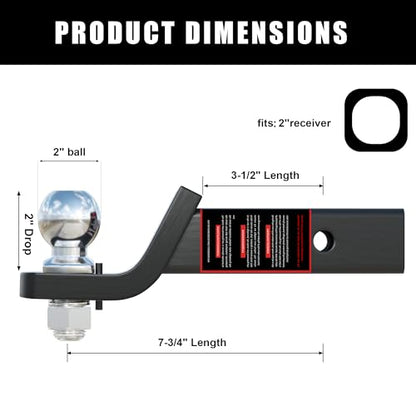 TYT Trailer Hitch Ball Mount with 2 Inch Ball & Pin, Fits 2 Inch Receiver, 7500lbs, 2 Inch Drop, Upgraded Hitch Kit Black with Anti-Rattle Pin - size: 2" with Pin