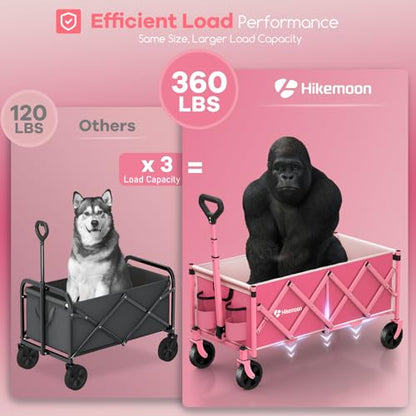 HIKEMOON 34'' Extra Long Folding Portable Wagon Cart, 120L 360LBS Pink - color: Pink