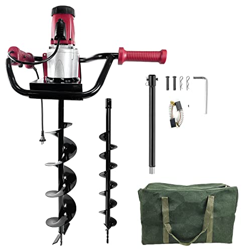 1500W Electric Post Hole Digger 6" & 4" Bits with Bag, Red - color: Red