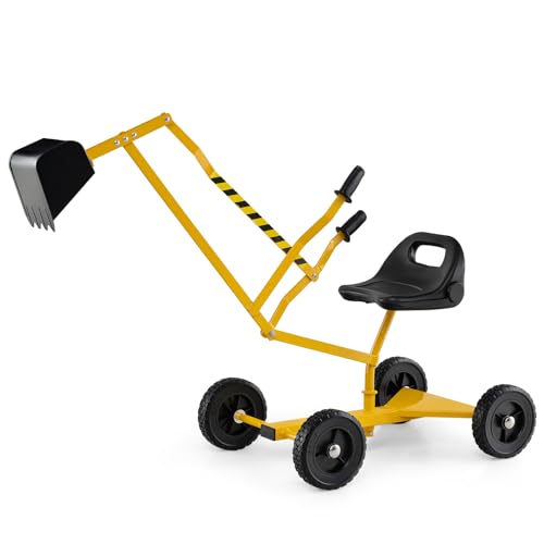 Costzon Sand Digger, Outdoor Heavy Duty Metal Excavator with 360° Swivel Seat for Beach Garden Sandbox Digging Sand Dirt Snow, Sit on Digger for 3+ Years Old Kids Boys Girls - style: w/ Rocket-shaped Wheels