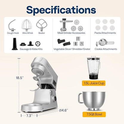 VIVOHOME 9-in-1 Stand Mixer with Fermentation & Timer, 7.5-Quart, Silver - color: Silver, size: 9-in-1