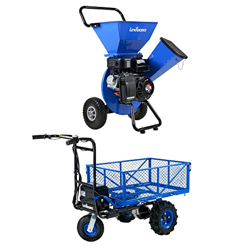 Landworks Wood Chipper 3 in 1 Multi-Function 3" Inch Max Capacity & Utility Service Cart Wheelbarrow Power Wagon Super Duty Electric 48V DC Li-Ion Battery Powered 500LBS Load & 1000LBS [Bundle Deal]