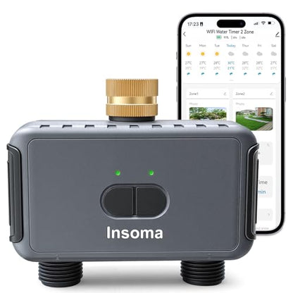 Insoma 2-Zone WiFi Water Timer for Garden Hose, WiFi Hose Timers with Brass Inlet, No-Gateway 2.4GHz Remote APP & Voice Control (Alexa/Google), Rain Delay & Manual Mode for Yard Lawn Garden Watering - size: 2 Zone-Metal-WiFi