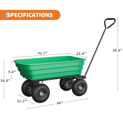 Heavy Duty Garden Dump Cart 1200lb Capacity, 6 Cu.Ft Steel Frame & Polypropylene Yard Wagon with 180° Pivoting Handle, All Terrain Wheels for Farm, Gardening and Outdoor Work