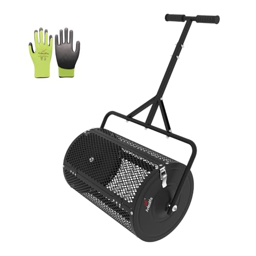 A ANLEOLIFE 24 Inch Compost Spreader, Lawn and Garden Peat Moss Roller with Side Latches, 24-31.1" Height Adjustable Handle, Metal Mesh Basket for Spreading Topsoil, Manure, Mulch, Black