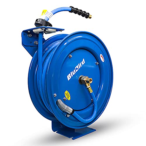 BLUBIRD BBR3875 18ga. Retractable Hose Reel with 3/8" x 75' Air Hose, 12 Point Ratcheting Gear, Next-Gen Rubber, Lightest, Strongest, Most Flexible, 300 PSI, 50F to 190F Degrees, Polyester Braided - size: 3/8" x 75' Standard