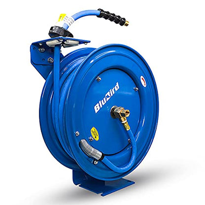 BLUBIRD BBR3875 18ga. Retractable Hose Reel with 3/8" x 75' Air Hose, 12 Point Ratcheting Gear, Next-Gen Rubber, Lightest, Strongest, Most Flexible, 300 PSI, 50F to 190F Degrees, Polyester Braided - size: 3/8" x 75' Standard