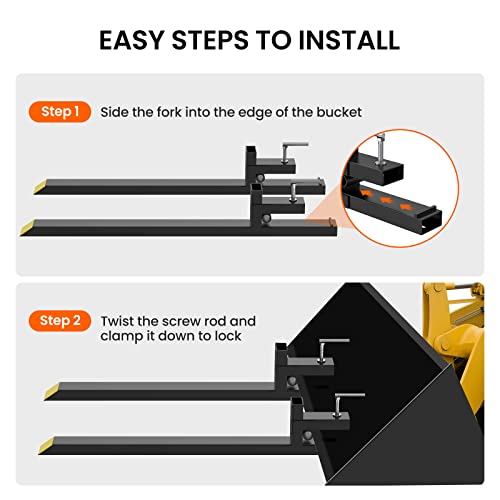 60" Clamp on Pallet Forks, 2000 lbs Total Length Heavy Duty Pallet Forks with Adjustable Stabilizer Bar, Tractor Fork Attachment for Loader Bucket, Skid Steer - size: 60 inch 2000lbs