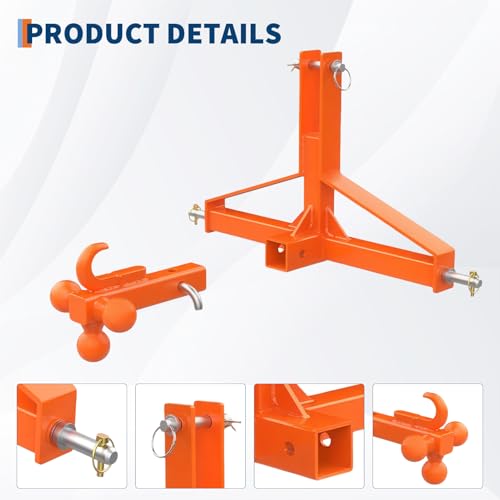3 Point Trailer Hitch for Tractor with 2" Receiver & Ball Hook - Heavy Duty Quick Hitch Attachment, Category 1 Compatible, 10000 Lbs Capacity