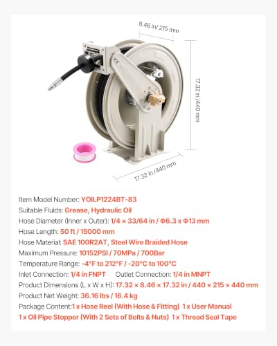 VEVOR Fuel Hose Reel, 1/4" x 50', Extra Long Retractable Grease Hose Reel, Spring Driven Auto Swivel Rewind, Heavy-Duty Carbon Steel Construction with Hose for Auto Repair, Heavy Industries, 5800 PSI - size: 1/4" x 50'