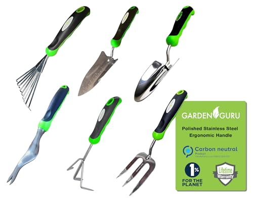 Garden Guru Garden Tool Set 6pc Hand Trowel Transplanter Weeder Fork Rake Cultivator – Heavy Duty Stainless Steel - Ergonomic Comfort Grip Handle – Perfect Gardening Tool Kit Gifts for Women and Men - style: Ultimate Garden Set