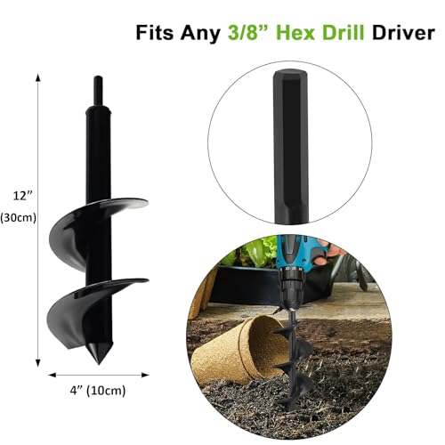 4 x 12 Inch Auger Drill Bit for Planting, Garden Spiral Drill Bit Rapid Bulb Planter Drill Auger for Planting Bulb Flower, Bedding Plant, Post or Umbrella Hole Digger for 3/8" Hex Drive - size: 4" x 12"-Black