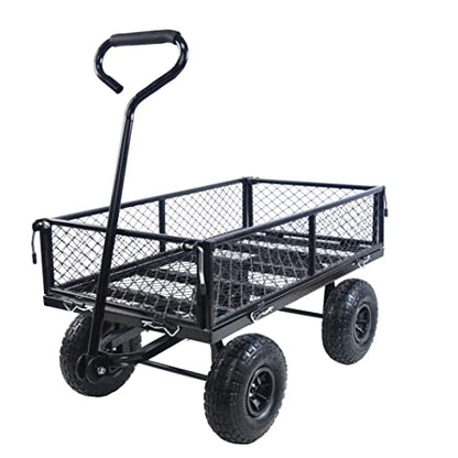 Steel Garden Cart, 2-in-1 600 lbs Heavy Duty Utility Wagon, with Removable Mesh Sides to Convert into Flatbed, 240° U-Turn 10" Pneumatic Tires Garden Wagon for Farm Yard Lawn Garden Camping (black) - color: Black