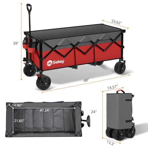 Sekey 300L Extended Collapsible Wagon, 660 lb Capacity, 48 in Long - color: Red&grey