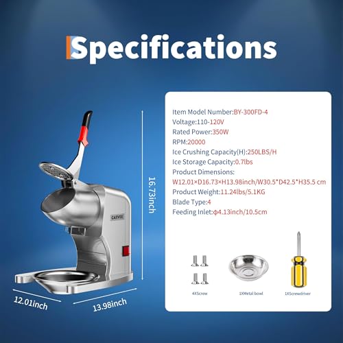 Electric Ice Crusher Shaved Ice Machine, 250 LBS/h High Output 350W Snow Cone Maker, 20000RPM 4 Stainless Steel Blades, 4.13" Large Feed Inlet, Stainless Steel Ice Shaver for Bar, Cafe, Restaurant